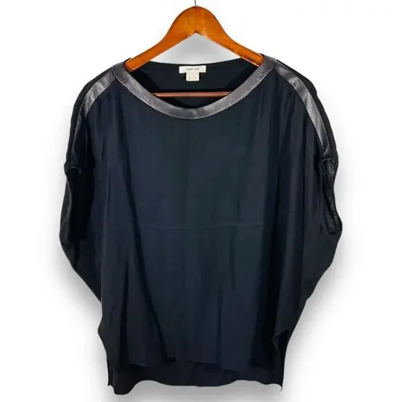 Helmut Lang Leather Trim Top Black Minimalist Designer Dolman Sleeve Size 4 - Picture 2 of 10